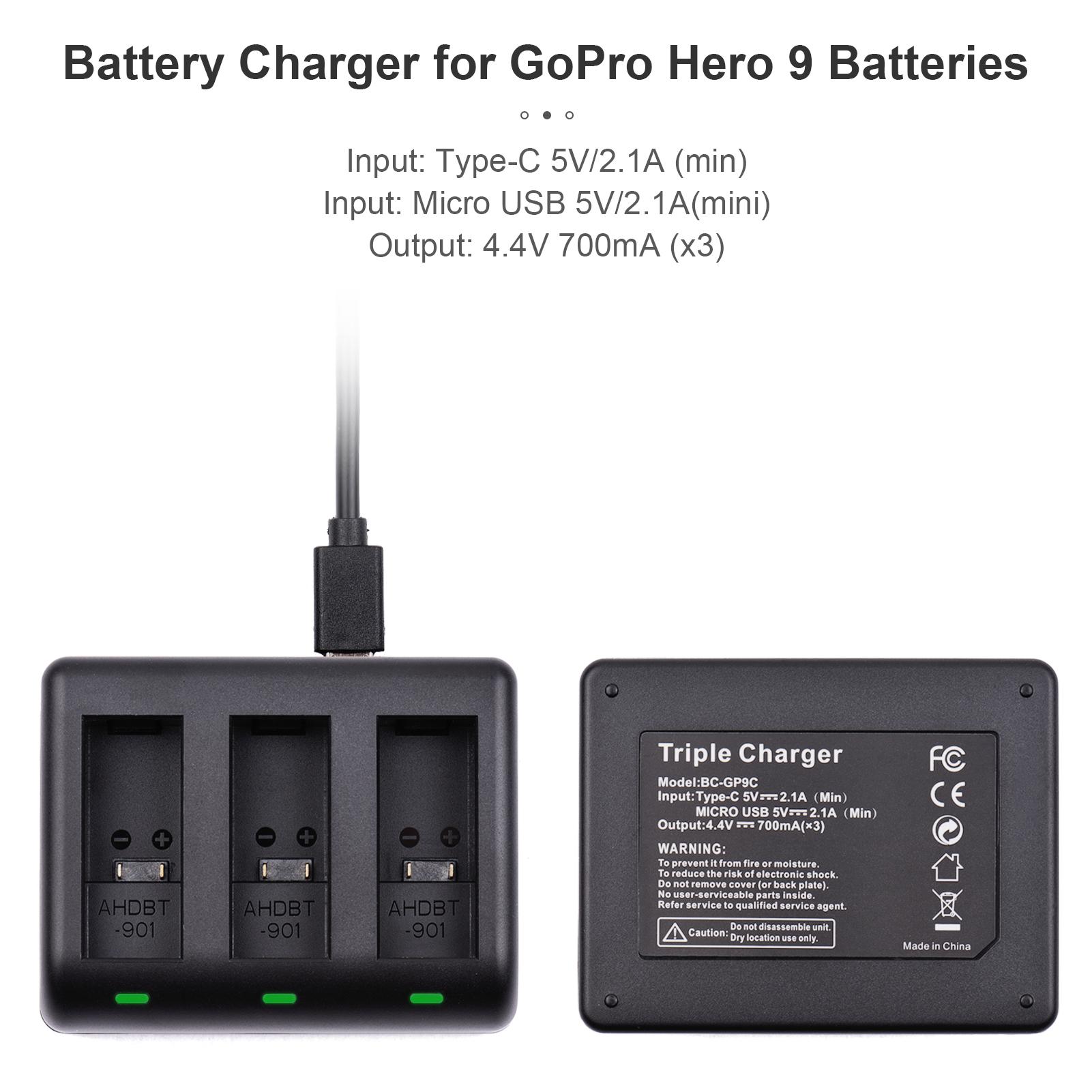 Bộ sạc pin Camera nhanh 3 khe cắm với đầu vào Micro USB & Type-C Thay thế cho pin GoPro Hero 9