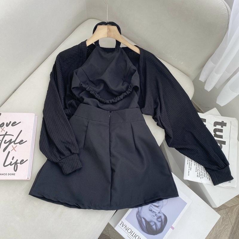 SET ĐẦM YẾM ĐEN CUTOUT LƯNG KÈM KHOÁC NGOÀI