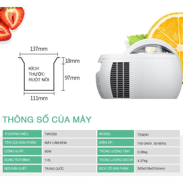 Máy Làm Kem Hoàn Toàn Tự Động Tiross TS9091 (trắng) - Hàng Chính Hãng