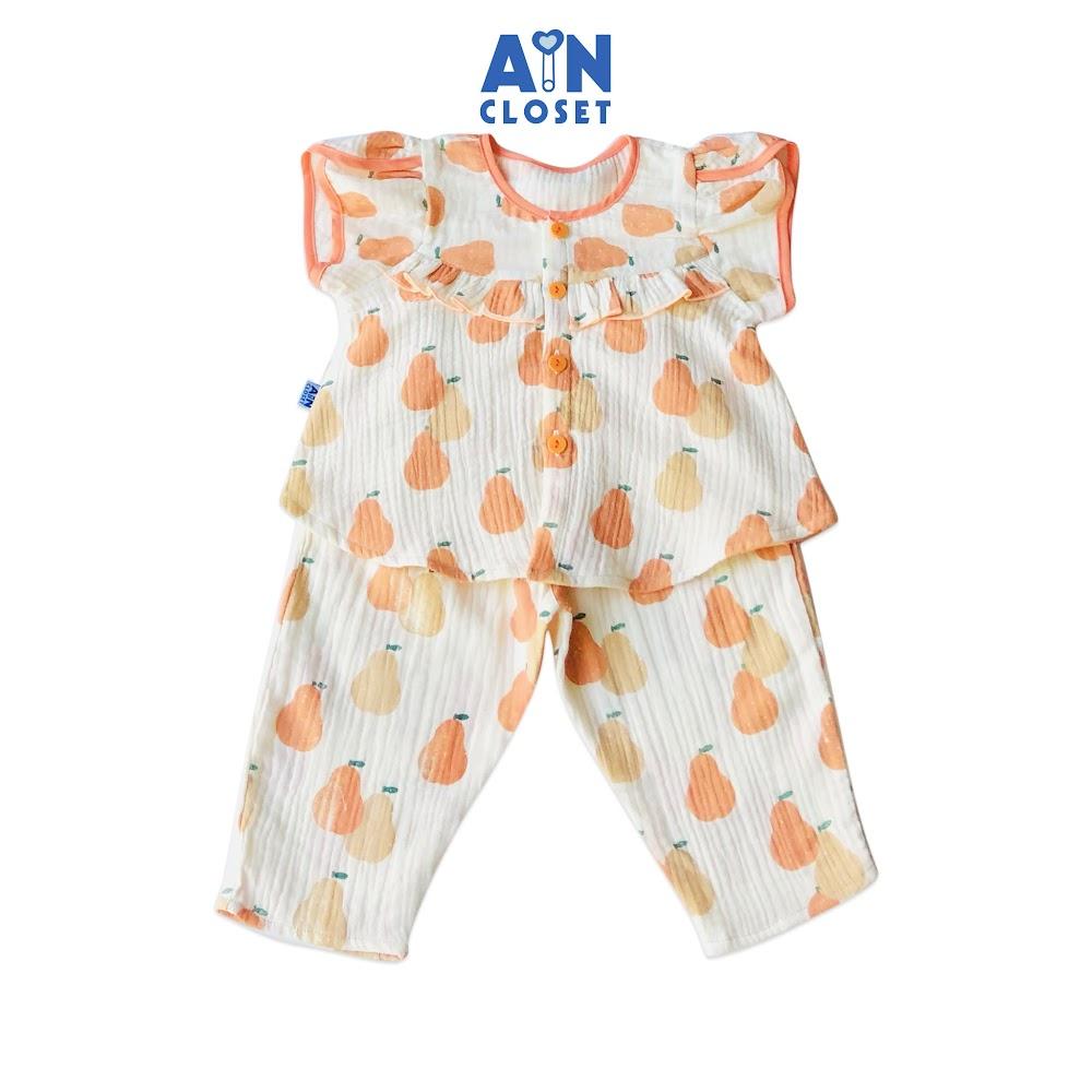 Bộ quần dài áo tay ngắn bé gái họa tiết Lê cam xô muslin - AICDBGWSVCYJ - AIN Closet