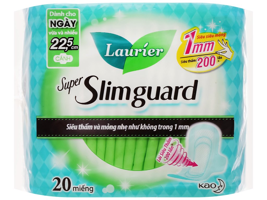 Combo 4 gói Băng Vệ Sinh Ban Ngày Laurier Super Slimguard Siêu Mỏng Cánh 1mm (22,5cm-20M)