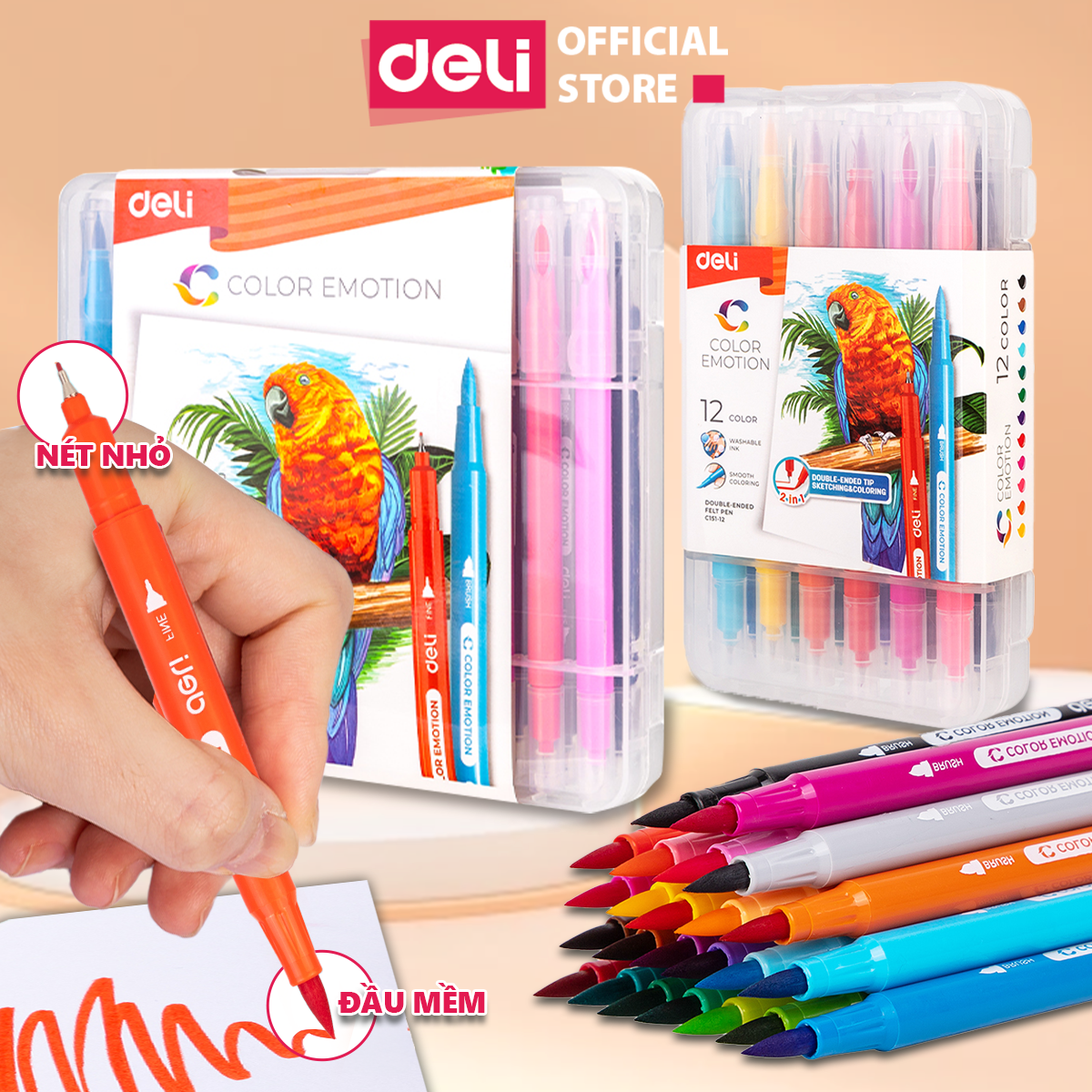 Bút Dạ Nước Hai Đầu Deli - Bút Đánh Dấu Hai Đầu Brush Và Nét Nhỏ - Bút Highlighter Có Thể Giặt Được