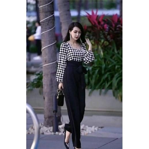 JUMPSUIT LỤA PHỐI CARO TAY PHỒNG CAO CẤP