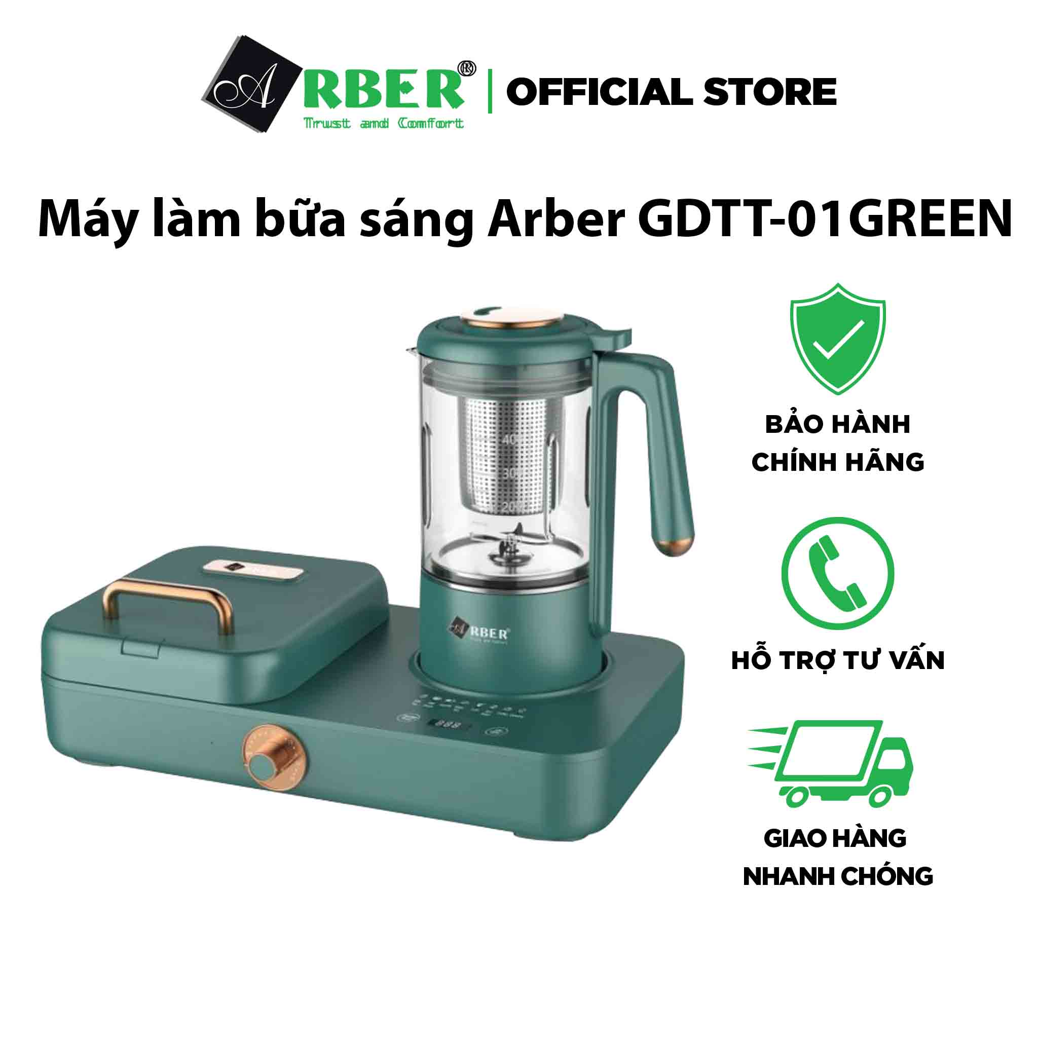 Máy làm bữa sáng Arber GDTT-01GREEN kết hợp máy nướng bánh và làm sữa hạt hàng chính hãng.