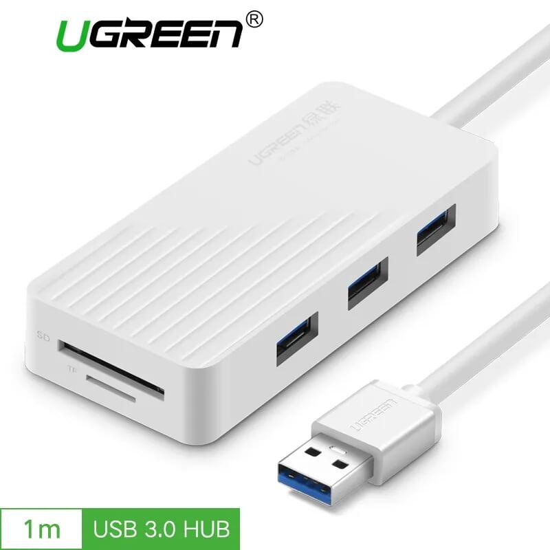 Ugreen UG30411CR132TK 1M màu Trắng Bộ chia HUB USB 3.0 sang 3 USB 3.0 + đọc thẻ SD TF hỗ trợ nguồn MICRO USB - HÀNG CHÍNH HÃNG