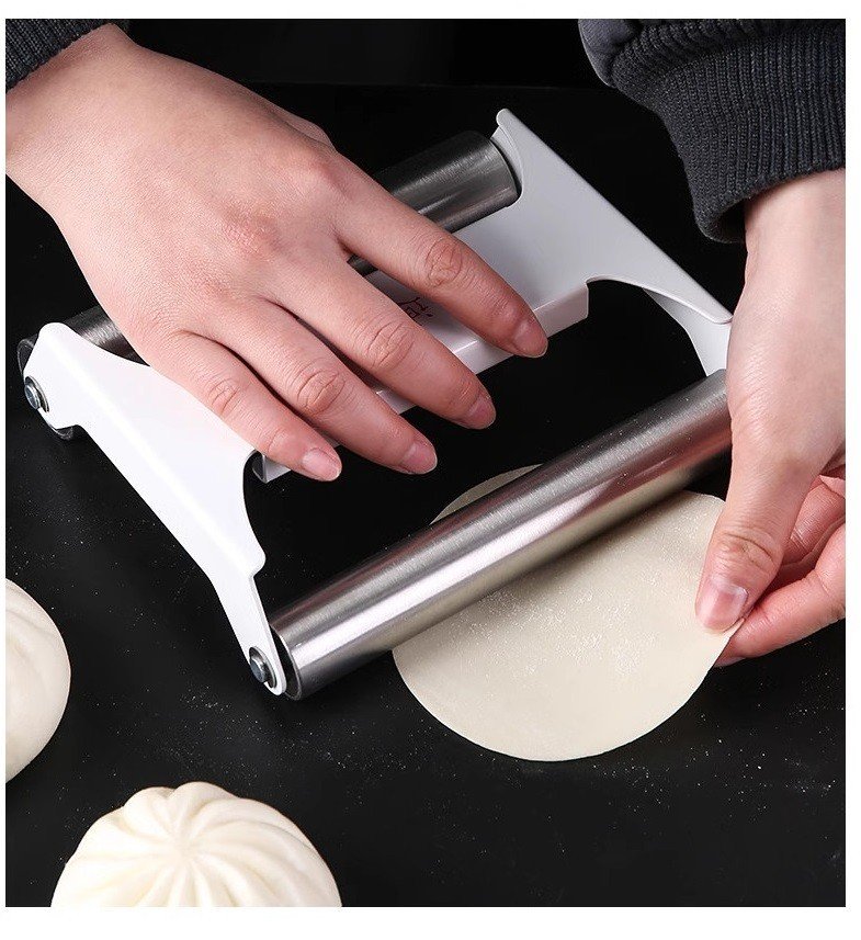 Cây Lăn Bột Hai Trục Inox 304 Cán Trợ Lực Dùng Cho Bánh Tiêu, Bánh Bao, Há Cảo, Pizza... 304 Stainless Steel Roller Rolling Pin