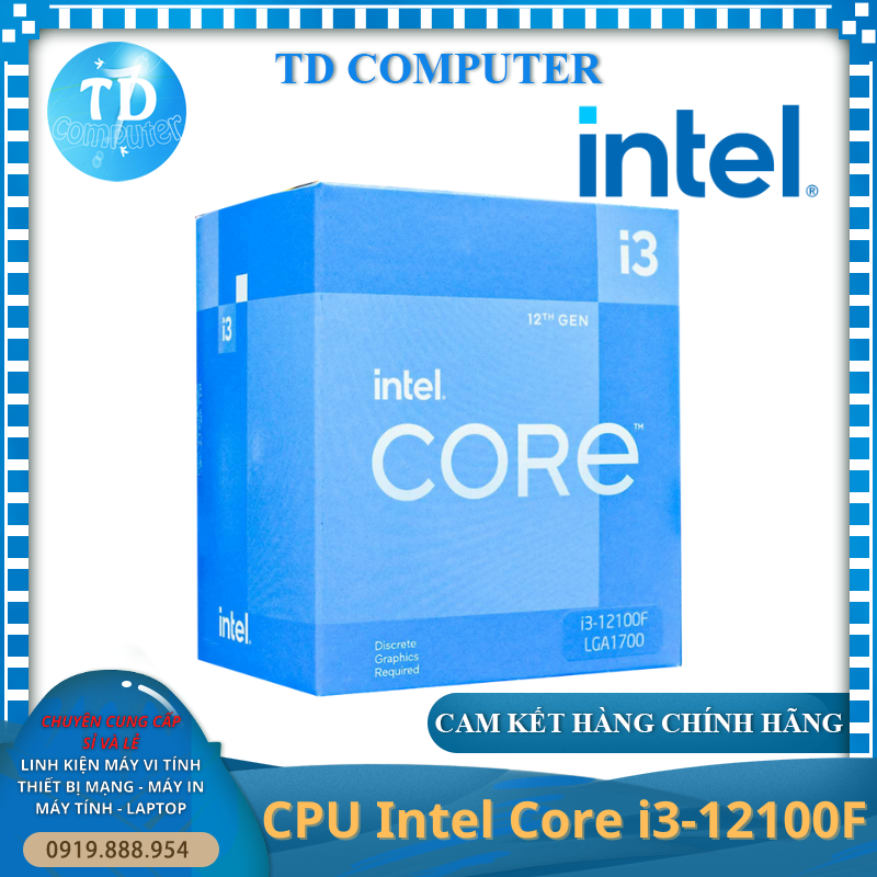 CPU Intel Core i3-12100F (3.3GHz turbo up to 4.3GHz, 4 nhân 8 luồng, 12MB Cache, 58W)- Socket Intel LGA 1700) - Hàng chính hãng Viễn Sơn phân phối