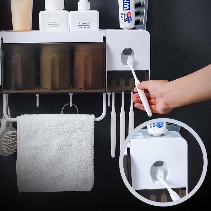 Bộ Nhả Kem Đánh Răng Kèm Kệ Để Đồ Nhà Tắm Thông Minh 3 cốc