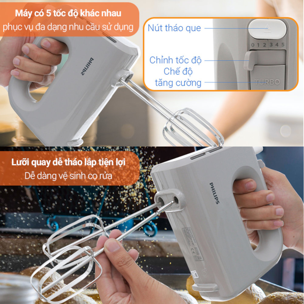 Máy đánh trứng cầm tay Philips HR3705/20 công suất 300W, bảo hành 2 năm - Hàng chính hãng