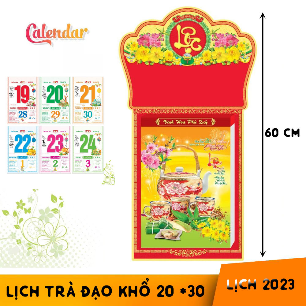 Lịch Trà Đạo khổ bloc 20 * 30 chiều dài tổng 60 cm mừng xuân Quý Mão 2023