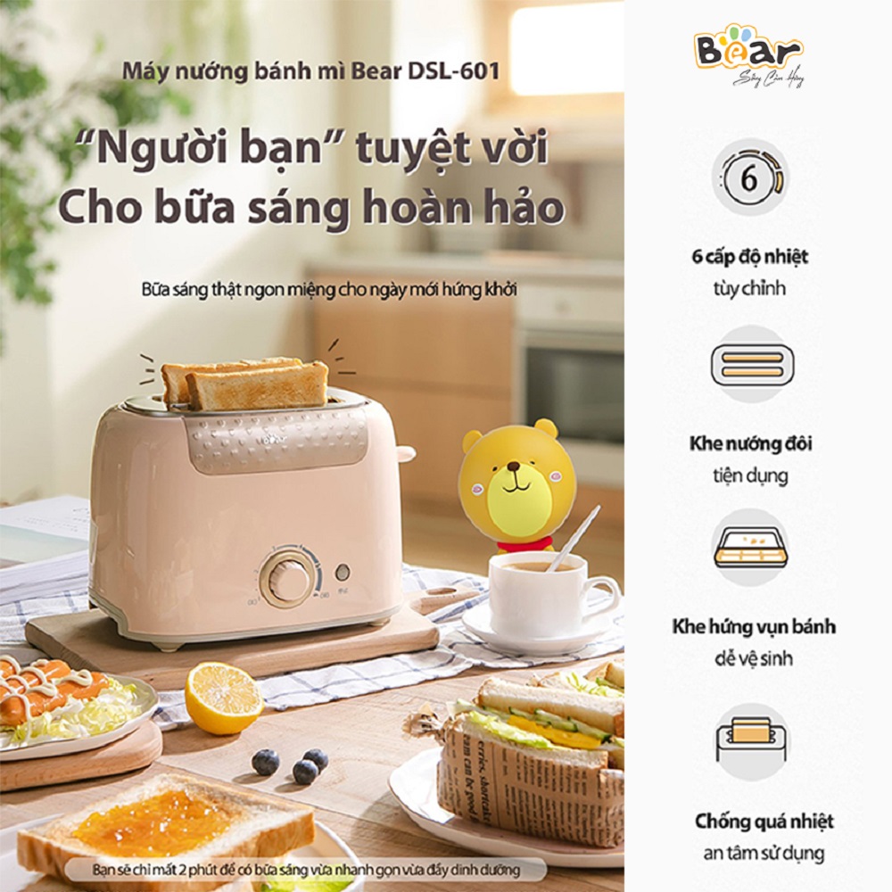 Máy Nướng Bánh Mì Sandwich Bear 6 Mức Điều Chỉnh Tích Hợp Chức Năng Nướng Hẹn Giờ Tự Động DSL-601 - Hàng Nhập Khẩu