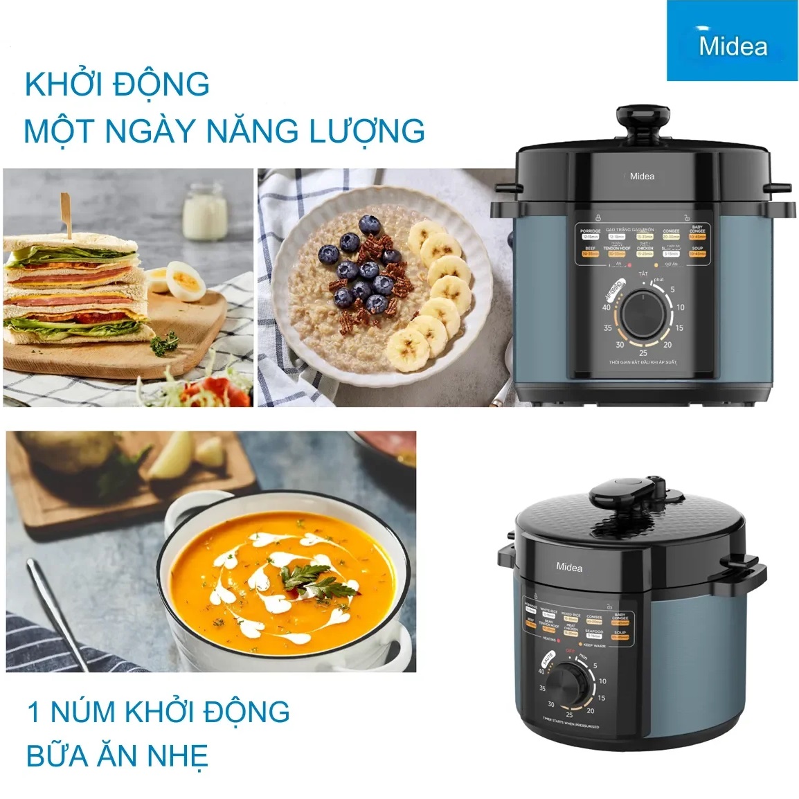 Nồi áp suất điện đa năng Midea MPM50010AMG - 5 Lít, 1000W, 10 món trong 1 núm vặn - Hàng chính hãng
