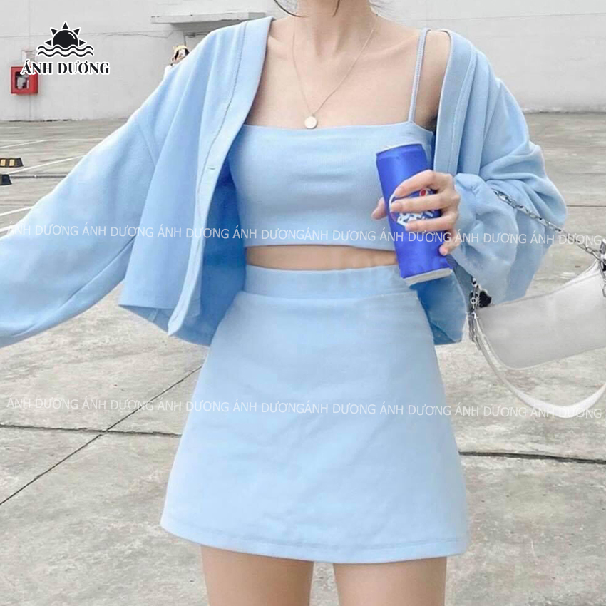 Set 3 món áo 2 dây, chân váy chữ A và áo khoác 3 màu vải umi