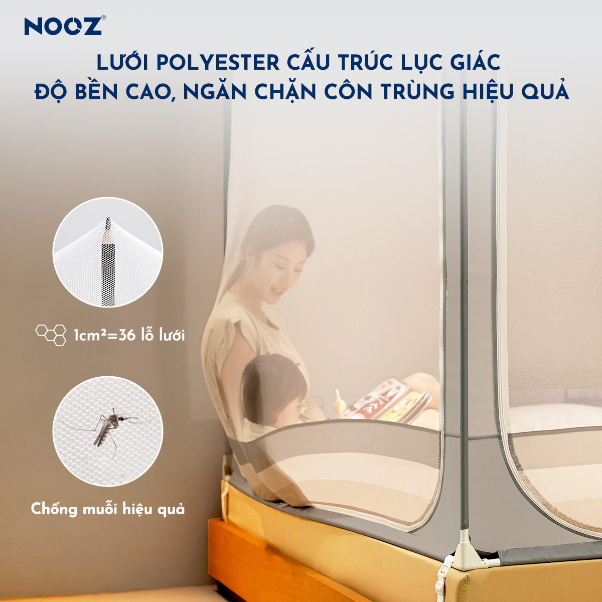 Mùng Chống Ngã NOOZ Khung Vuông Màng Chống Muỗi Dễ Lắp Đặt Không Khoan Tường NOOZ Home Goods