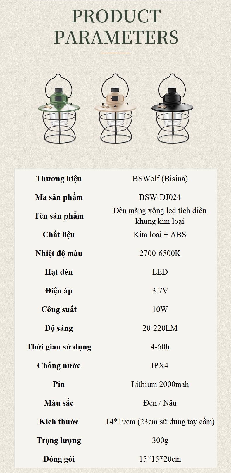 Đèn măng xông LED dã ngoại tích điện BSW-DJ024-Sạc Type C