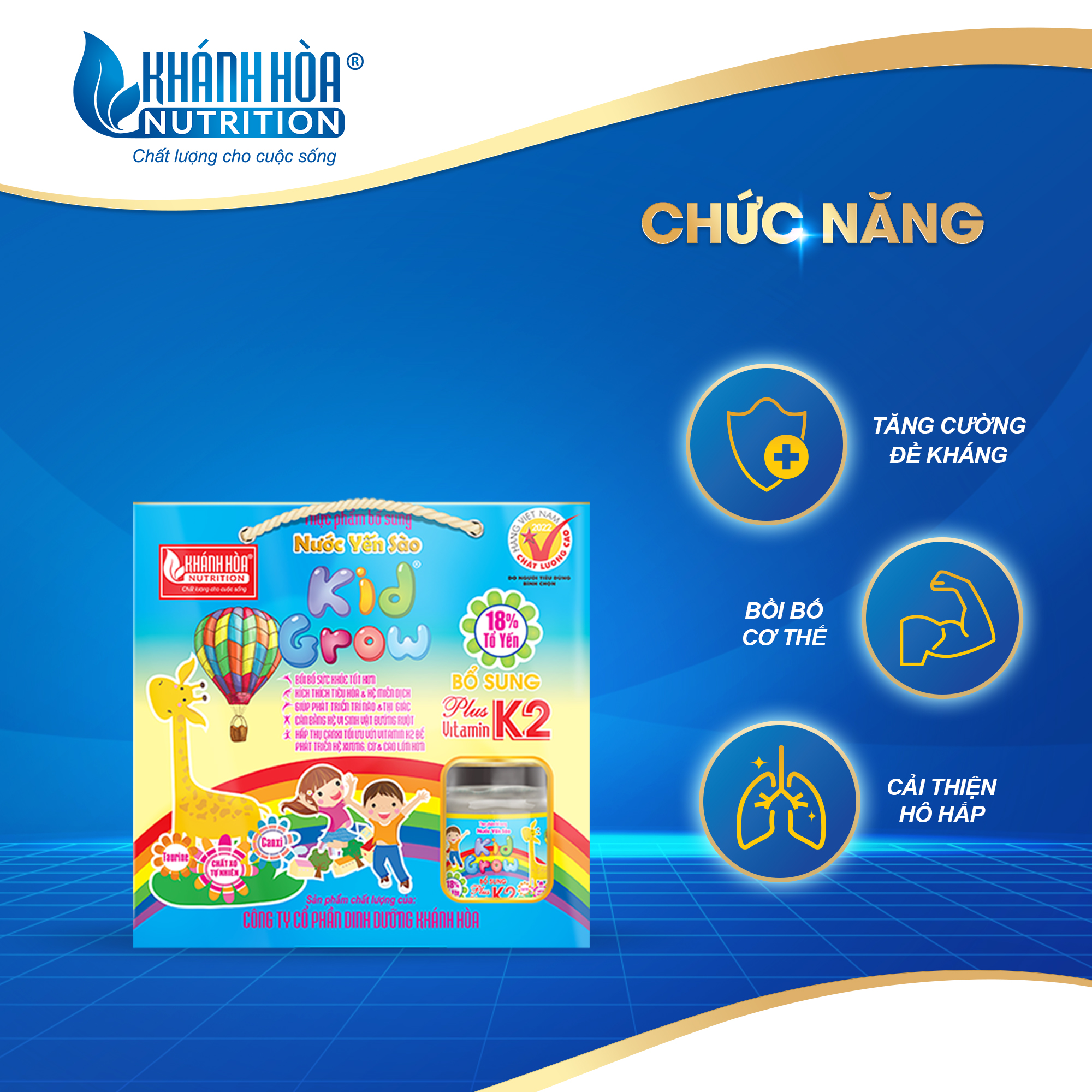 Nước Yến Sào Kidgrow 18% Bổ Sung Vitamin K2 Hương Tự Nhiên - Khánh Hòa Nutrition - Block 6 lọ x 70 ML
