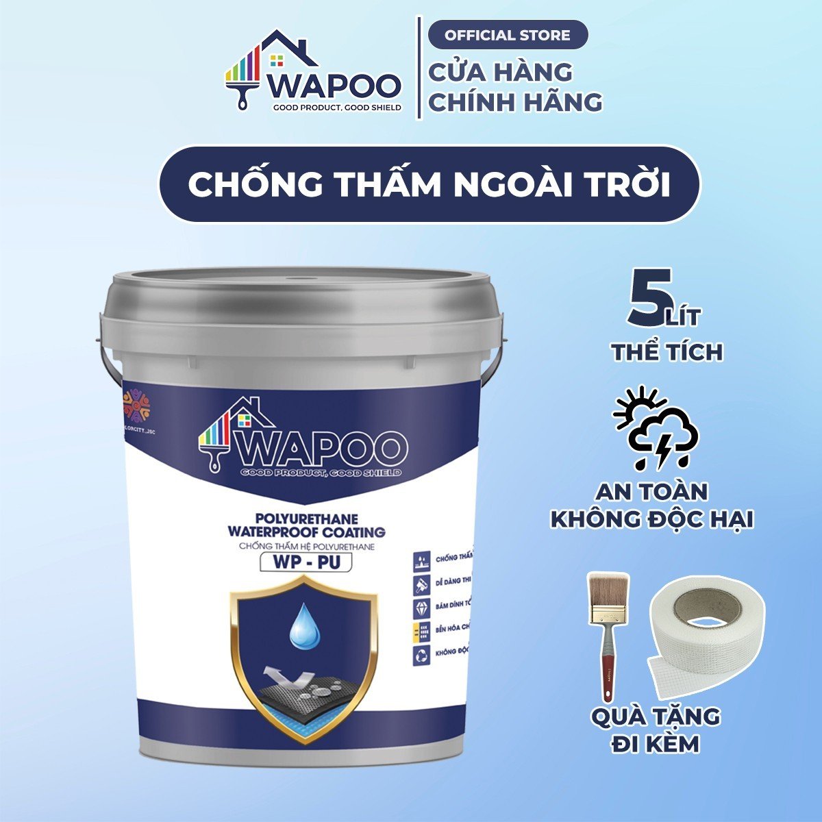 Sơn Chống Thấm Công Nghệ Đức Wapoo Dùng cho Sàn Mái, Ban Công, Sân Thượng, Nhà Vệ Sinh,Chống Thấm Ngoài Trời, Chống Thấm Sân, Sàn, Gạch Men