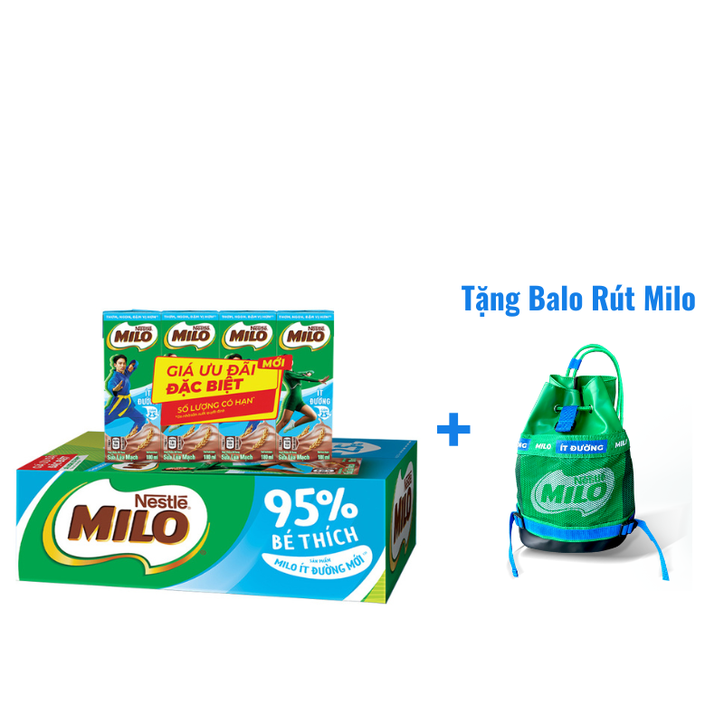 [Tặng Balo Rút Milo] Thùng 48 Hộp Sữa Nestlé Milo Ít Đường (180ml/ Hộp)