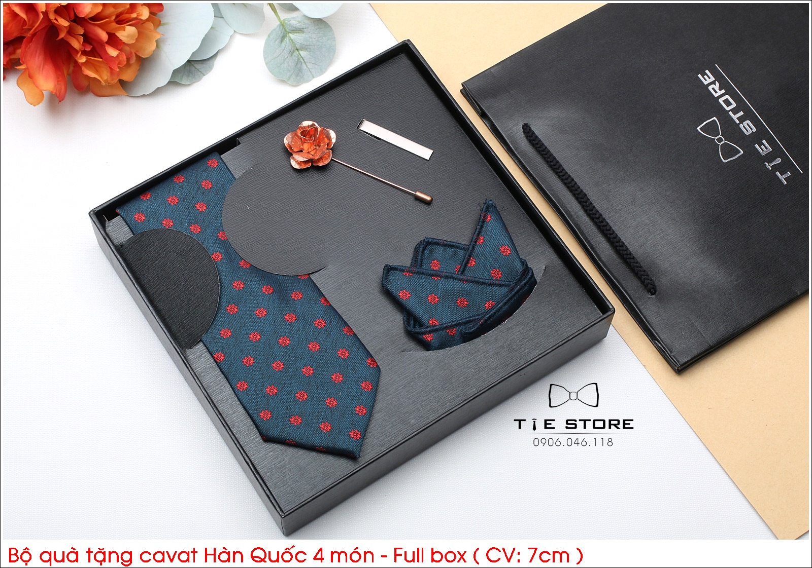 Cavat Bộ Cao Cấp Hàn Quốc 4 món Phụ Kiện - Full box kèm túi xách. màu xanh họa tiết
