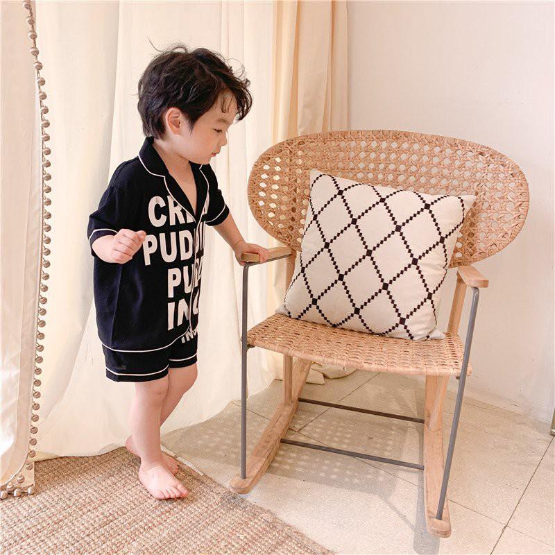Bộ ngủ lụa cộc tay cho bé, bộ ngủ pijama cộc tay in chữ cho bé từ 6-27kg