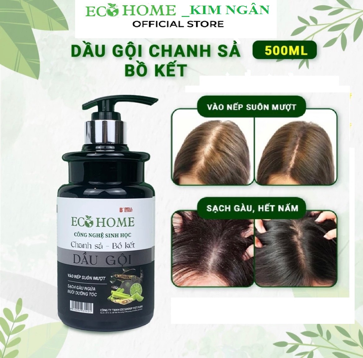 Dầu Gội Chanh Sả Bồ Kết Công Nghệ Sinh Học ECOHOME Kim Ngân Store Giúp Dưỡng Ẩm Tóc, Mềm Mượt,Óng Ả, Lưu Hương Lâu 500ml