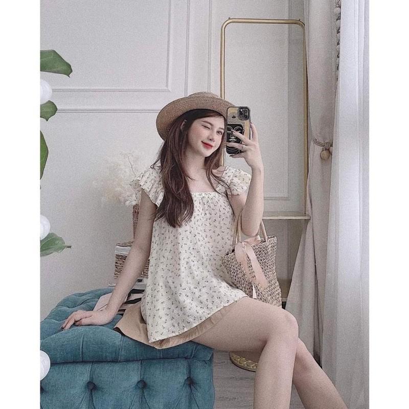 S925 Set Áo Hoa Nhí Tay Cánh Tiên Phối Chân Váy Dáng Xoè Đính Viền Ren Sang Trọng