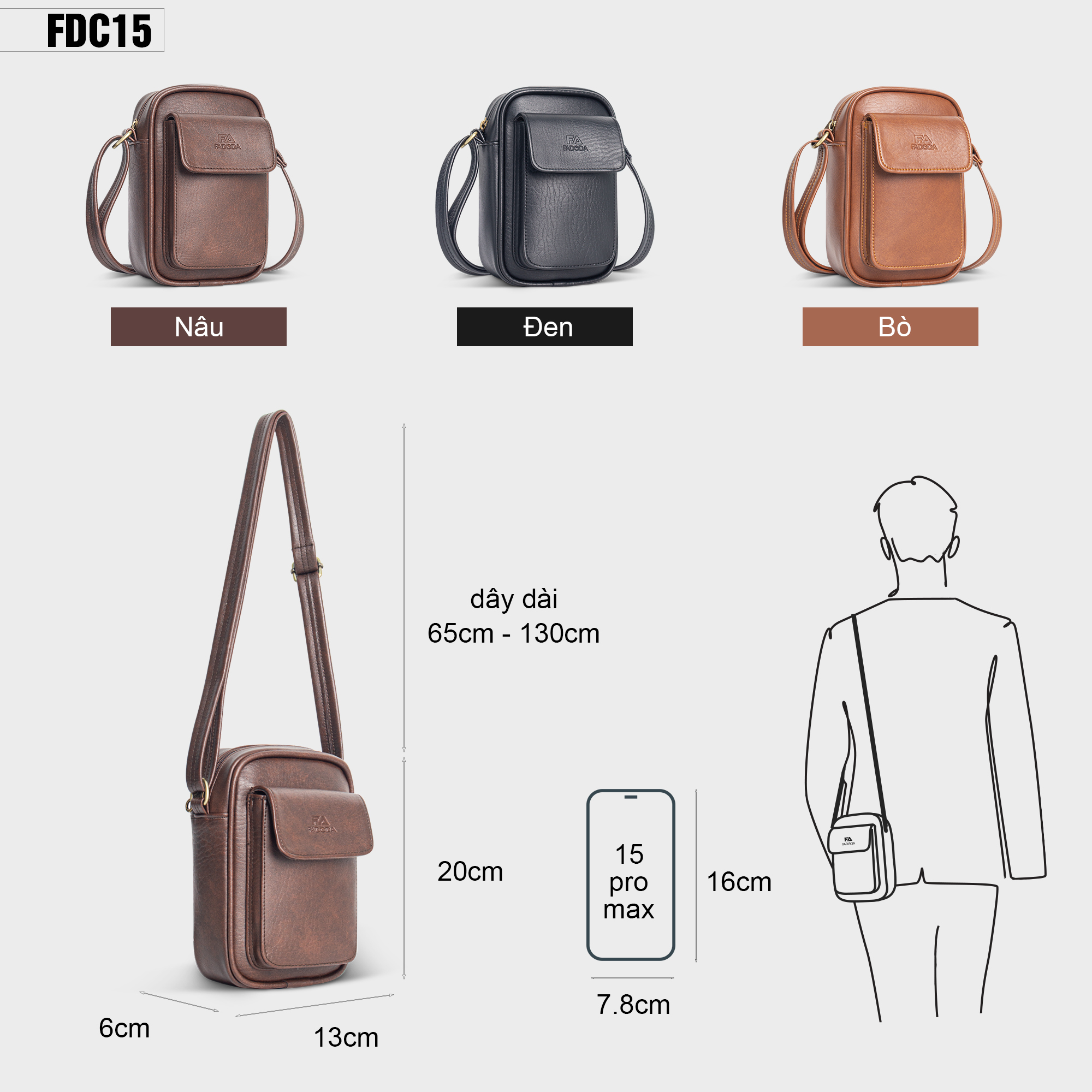 Túi đeo chéo unisex dang đứng FADODA FDC15