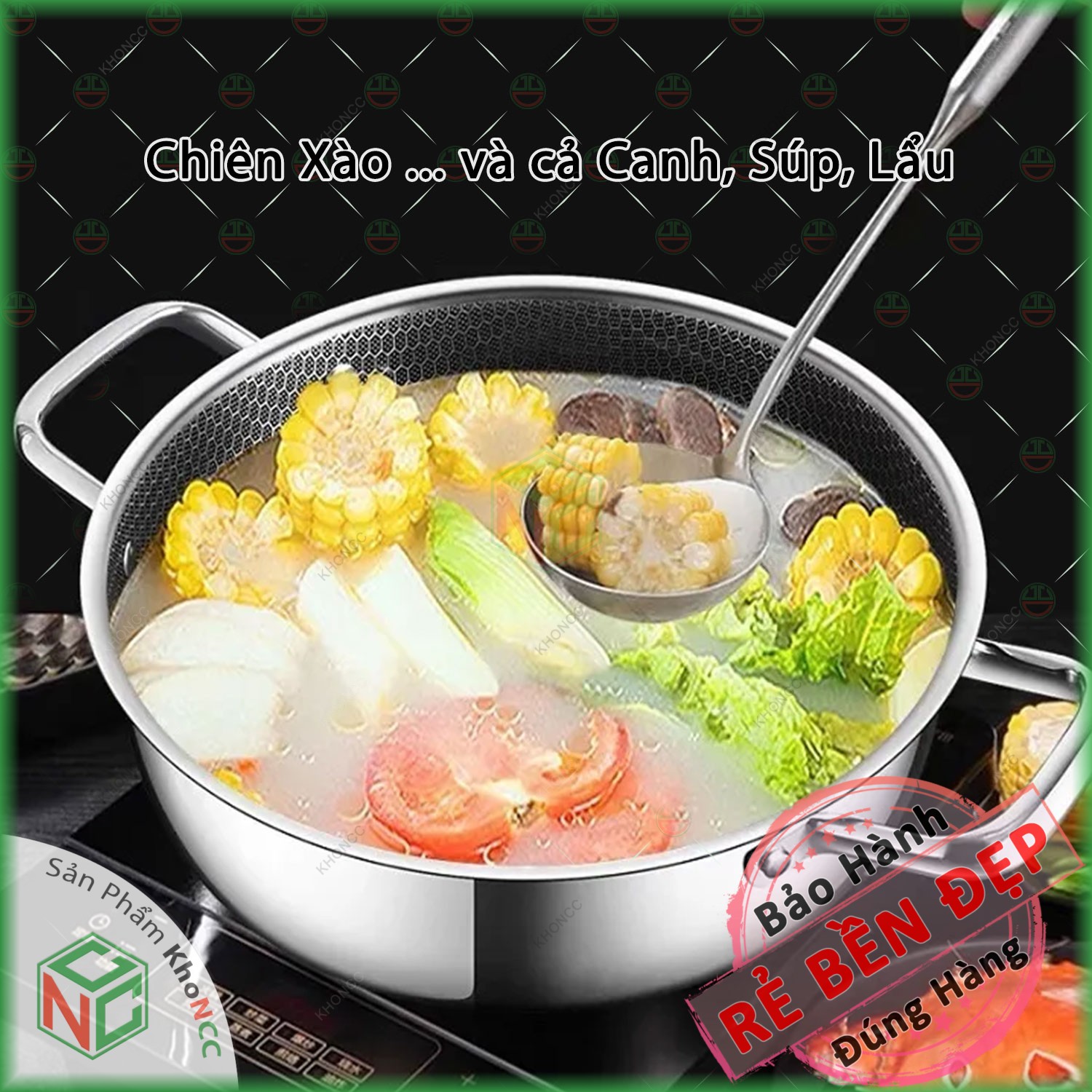 (Cực Dày) Chảo Chống Dính Vân Tổ Ong KhoNCC Hàng Chính Hãng - 2 Quai Tay Cầm - Đường Kính Cỡ 28cm - Dày Dặn Dùng Các Loại Bếp Kể Cả Bếp Từ - KLM-CCD2Q28CM