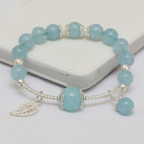 Vòng tay phong thủy đá Aquamarine 8 ly Mix Charm Bạc Trắng 925