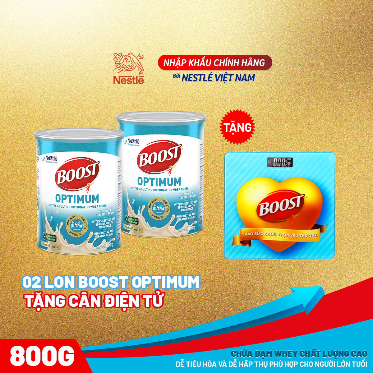 [Mẫu mới] Combo 2 lon dinh dưỡng y học Nestlé Boost Optimum bổ sung dinh dưỡng cho người lớn 800g - Tặng cân điện tử