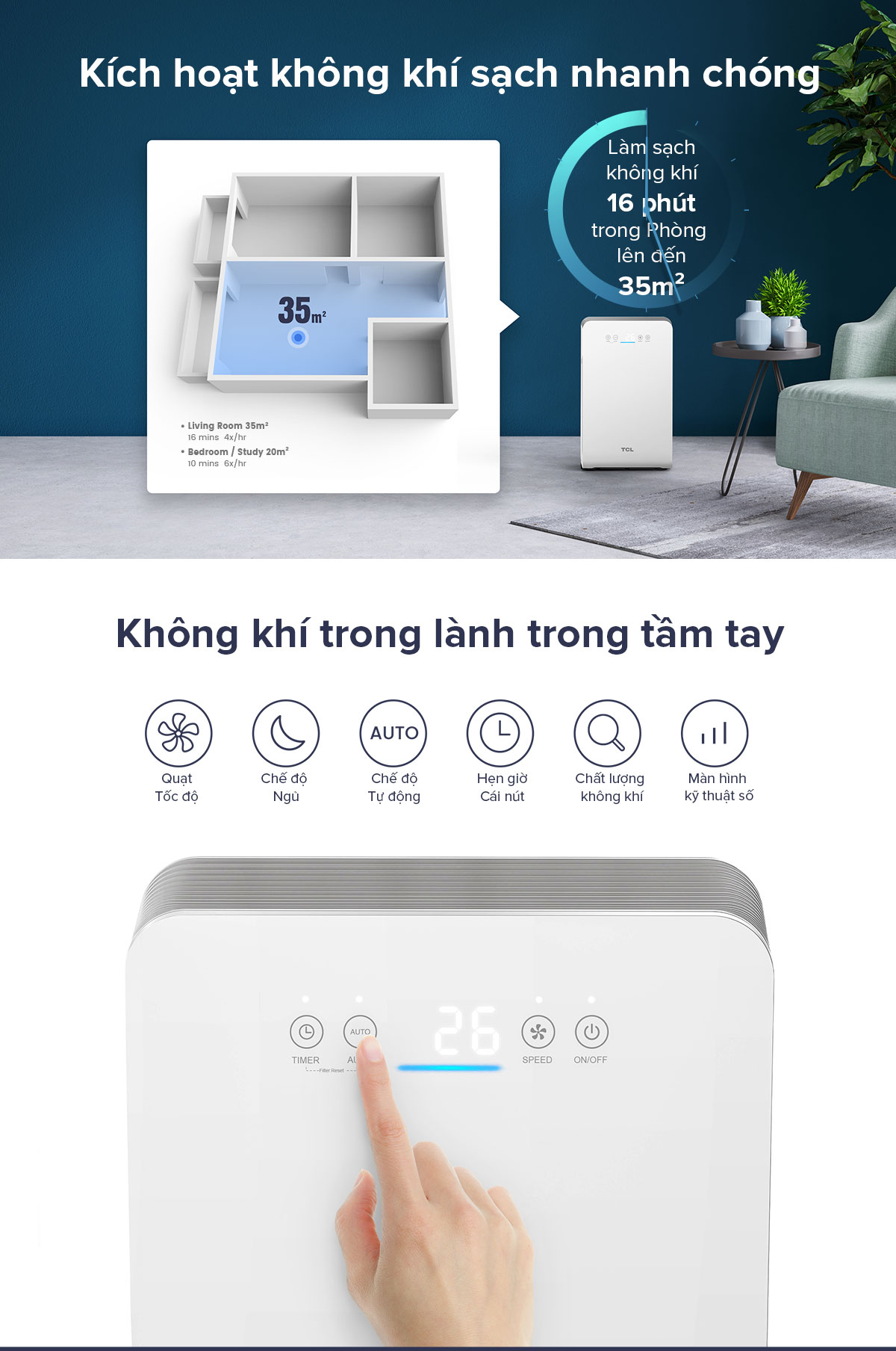 Máy lọc không khí TCL KJ270F-A - Loại bỏ bụi bẩn trong nhà - Tiếng ồn thấp - Hàng Chính Hãng