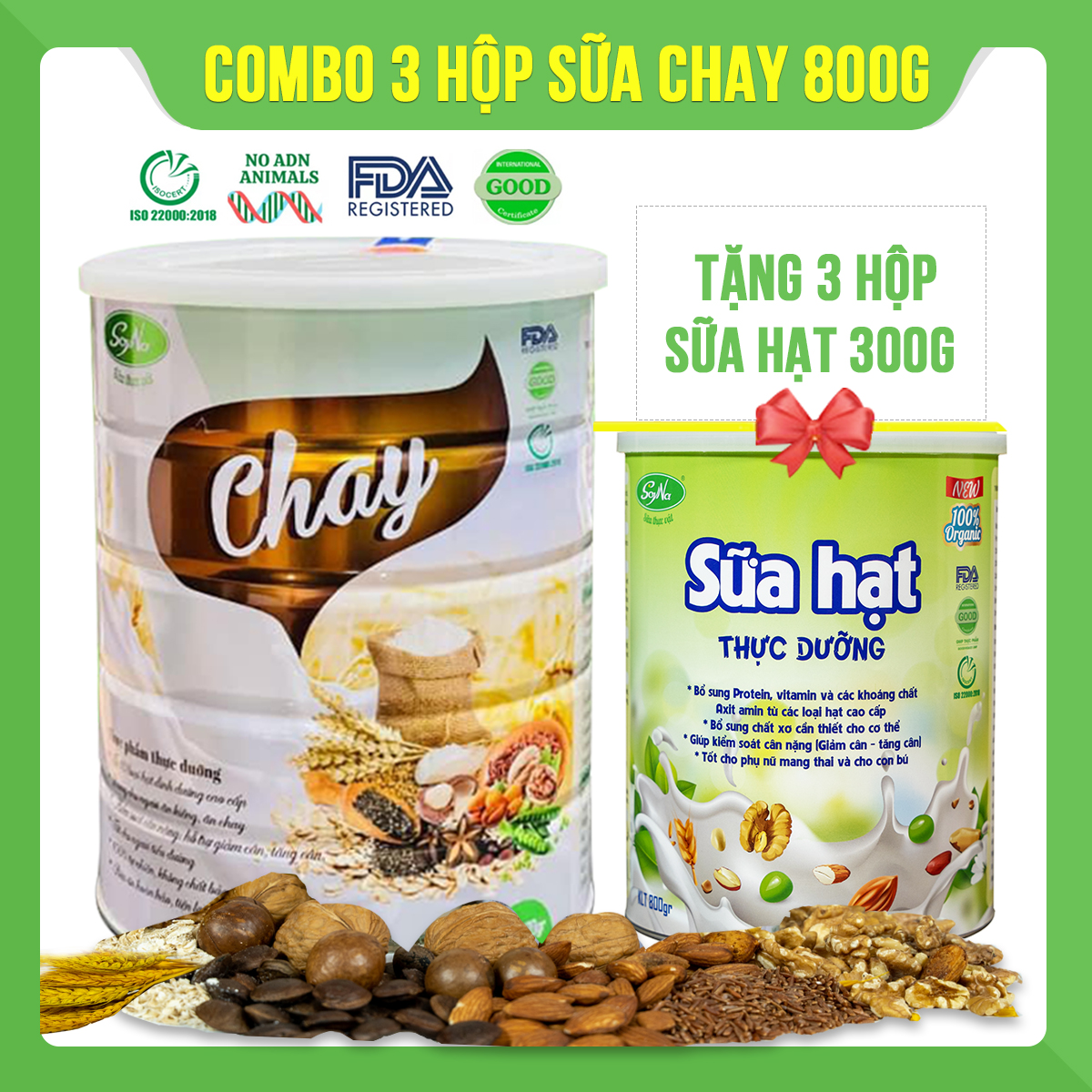 Combo 3 hộp Sữa thực vật Chay Soyna 800g tặng kèm 3 hộp sữa hạt 300g hoặc 3 hộp sữa mầm gạo lứt 300g