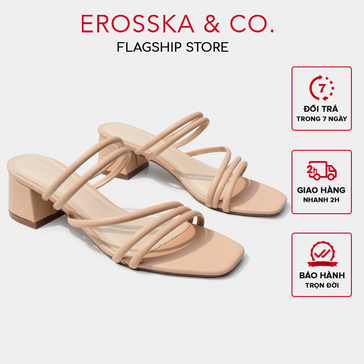 Erosska - Dép cao gót nữ mũi vuông phối dây quai phong cách Hàn Quốc cao 4cm EM086