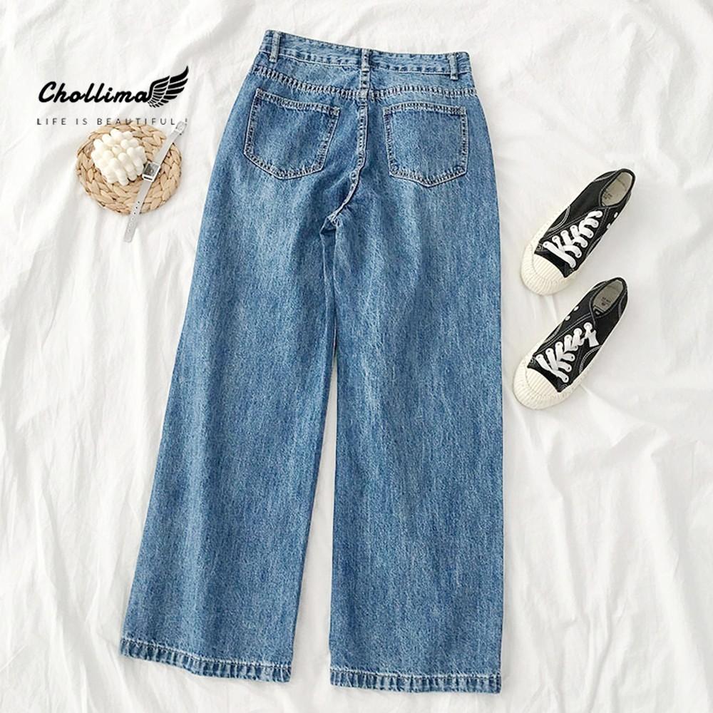 Quần baggy jeans nữ Chollima ống rộng SIMPLE JEAN dài 98cm gài cúc eo màu xanh nhạt QD041