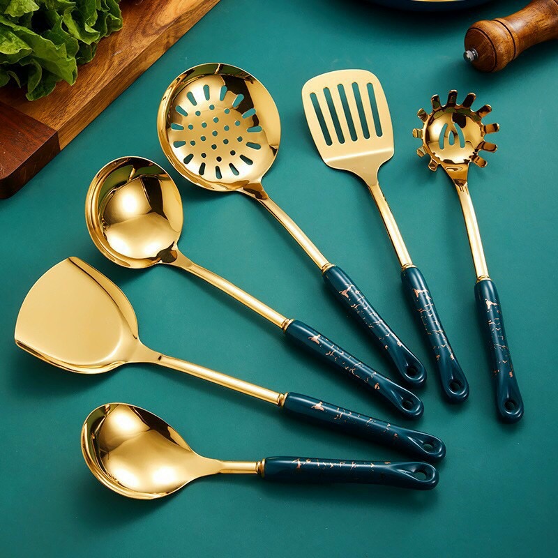 Set môi thìa nhà bếp 7 chi tiết cao cấp, bộ dụng cụ nhà bếp Men ngọc lục bảo chống gỉ sét cao cấp