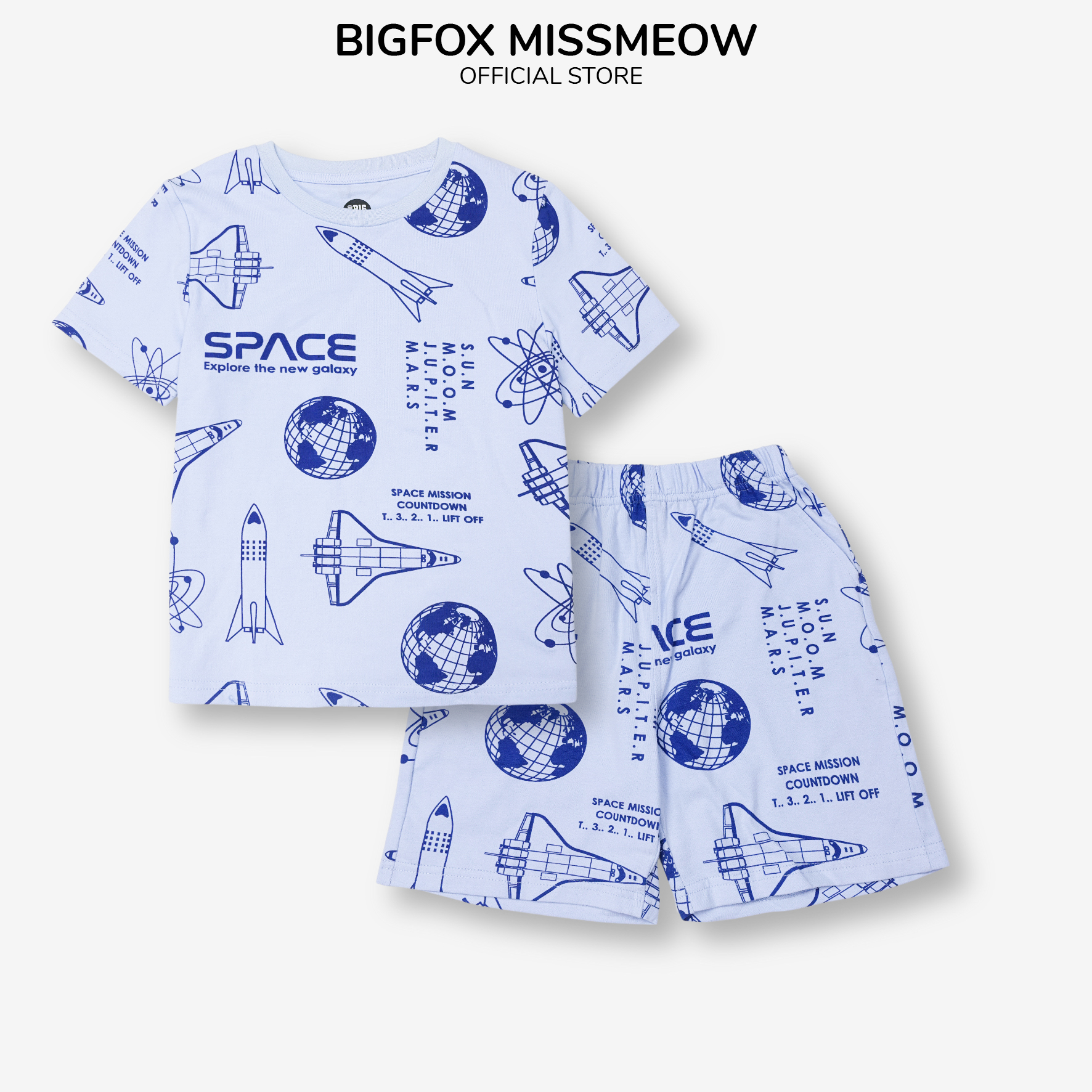 Bộ bé trai mùa hè cộc tay Bigfox Miss Meow size đại, vải cotton in tràn nền Space style Hàn cỡ 3- 11 tuổi 30kg 40kg 1905