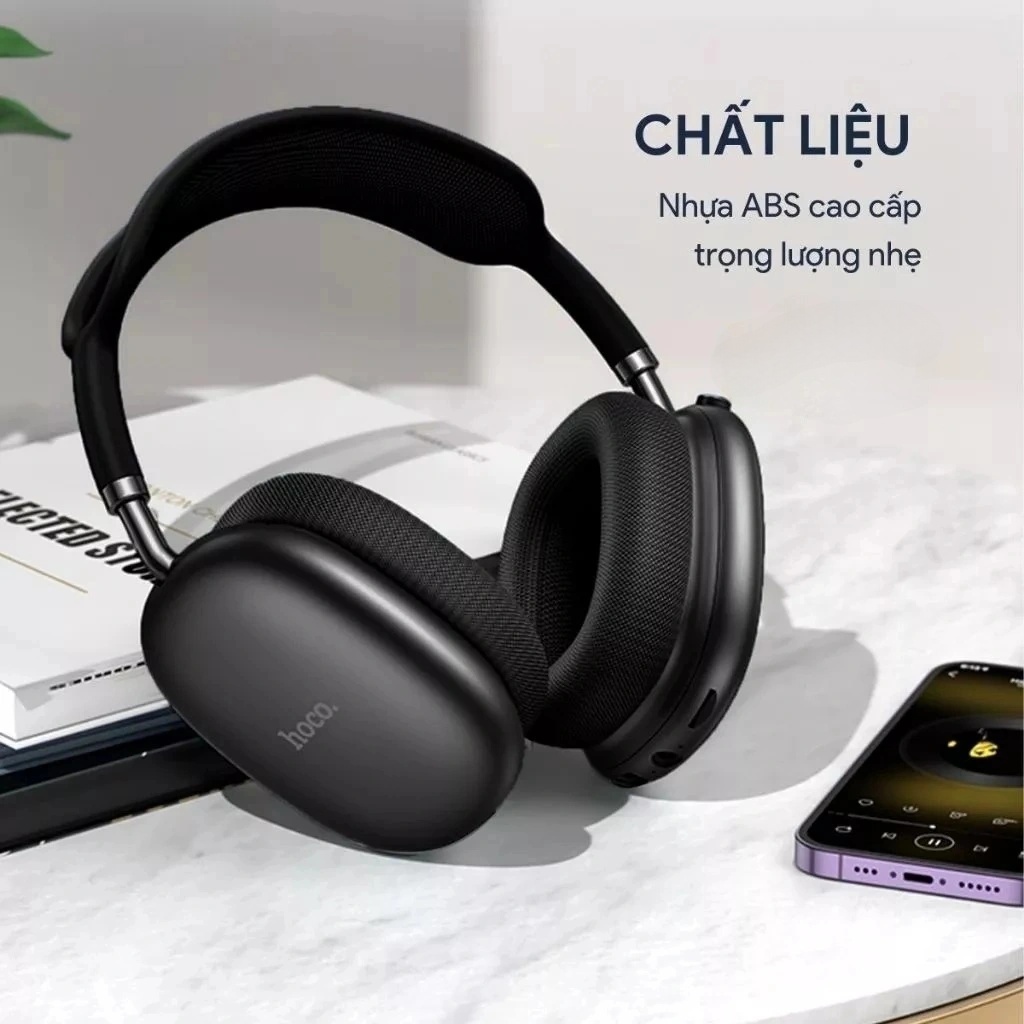 Tai nghe chụp tai Bluetooth V5.4 Hoco W55 phiên bản 90h có mic đàm thoại hỗ trợ khe cắm thẻ nhớ,cổng AUX, nghe nhạc (màu đen) - Hàng chính hãng