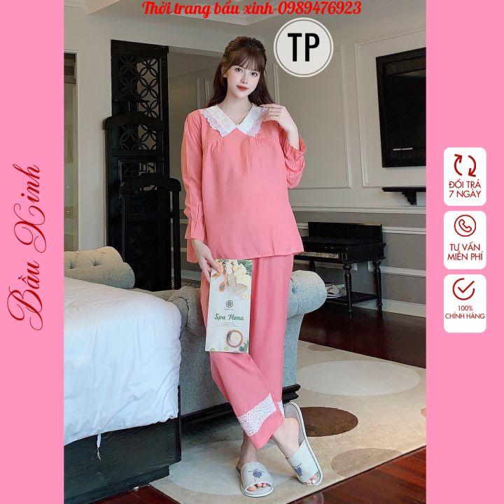 Bộ bầu dài chất đũi mát mặc bầu và sau sinh freesize từ 40-67kg