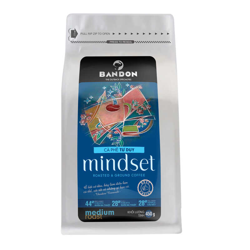 Cà phê phin nguyên chất  mộc sạch BANDON MINDSET 450g đắng đậm, hậu ngọt, thơm mạnh - cà phê đặc sản (28% Arabica Cầu Đất, 28% Robusta Culi, 44% Robusta Buôn Ma Thuột red honey)