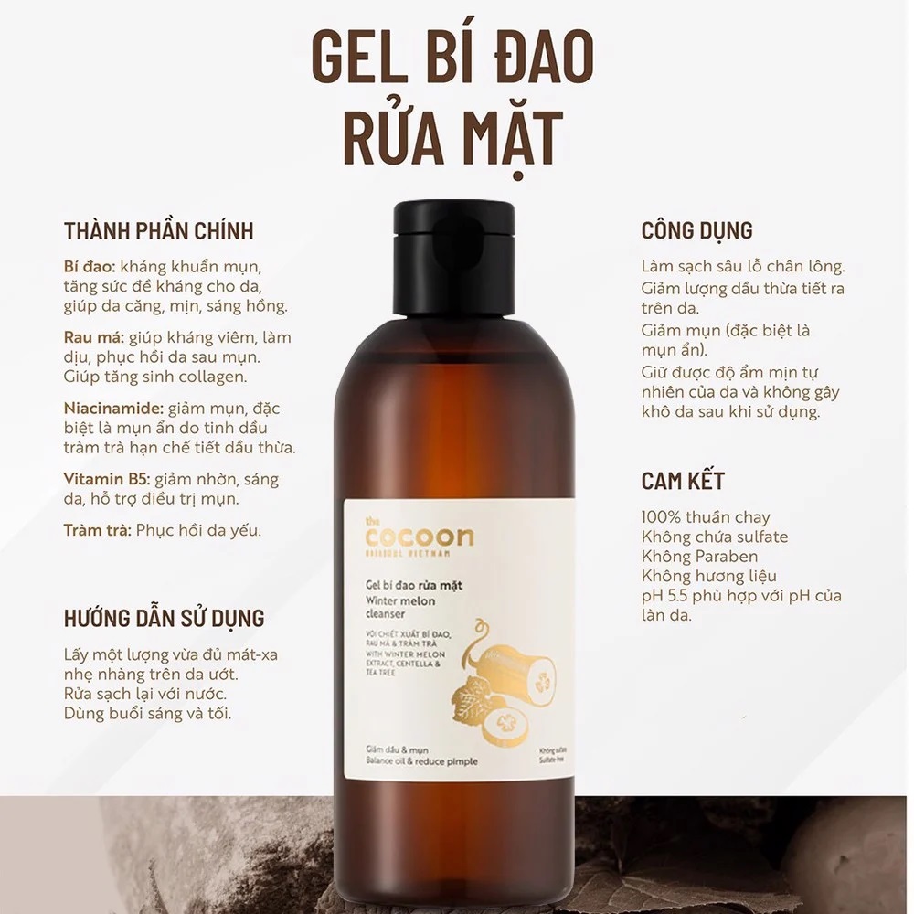 Gel bí đao rửa mặt Cocoon giảm dầu, mụn Winter Melon Cleanser