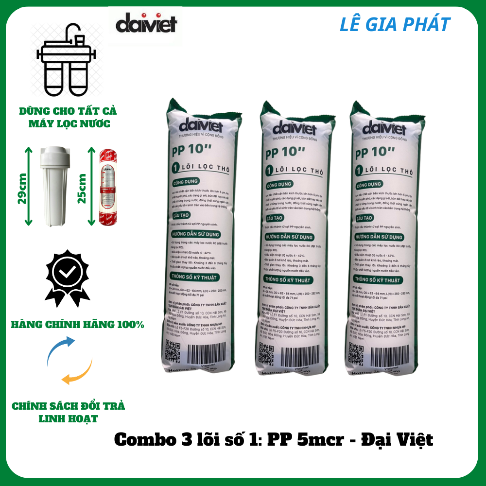 COMBO 3 LÕI LỌC NƯỚC PP 10" 5 MICRO - HÀNG CHÍNH HÃNG