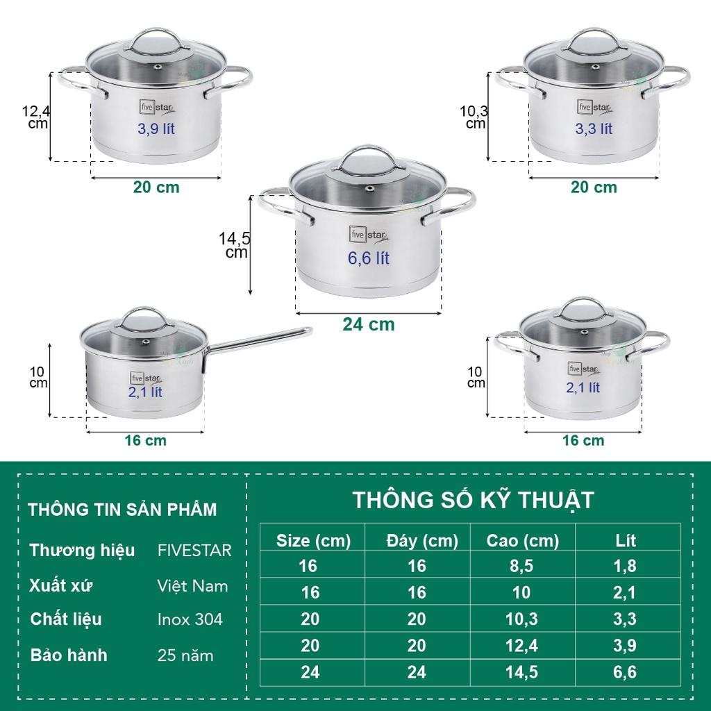 Combo Bộ nồi inox 304 và chảo chống dính cao cấp Fivestar Plus 6 món nắp kính , 3 đáy dùng được mọi bếp , tặng 1 vá canh