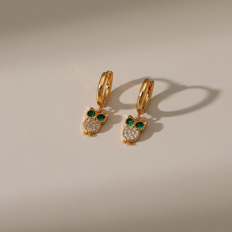 Bông tai zircon thiết kế con cú bông tai động vật nhỏ bông tai mặt dây chuyền nhỏ vàng 18K tinh tế