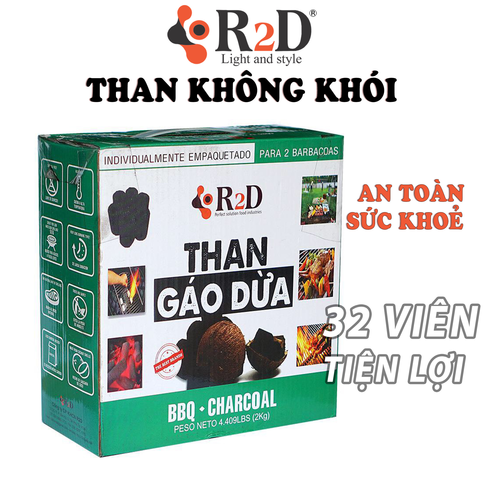 Than Gáo Dừa Không Khói, Không Mùi Hộp 2 Kg, Chính Hãng Từ Thương Hiệu R2D, Thành Phần Tự Nhiên, Lành Tính.