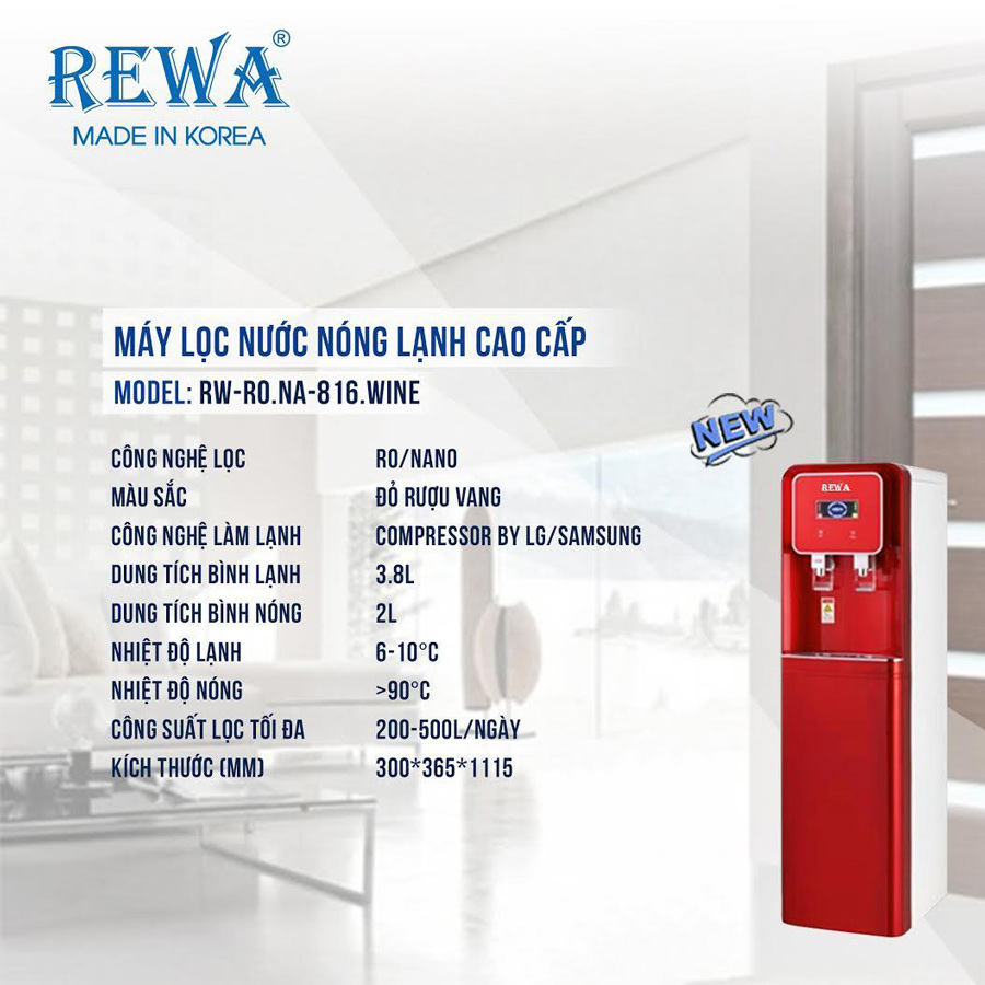 Máy Lọc Nước Nóng Lạnh Công Nghệ Nano/VF Hàn Quốc REWA - RW-NA-816.WINE - Hàng chính hãng