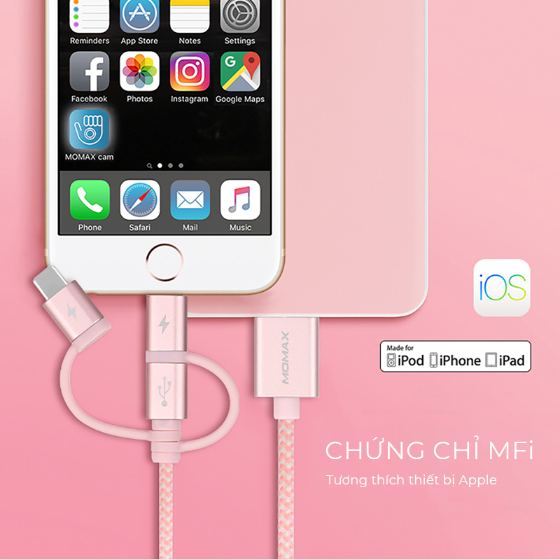 Cáp sạc và Truyền dữ liệu Đa năng 3 trong 1 Momax ONE Link DX1 cổng Type C + Lightning + Micro USB - Hàng chính hãng