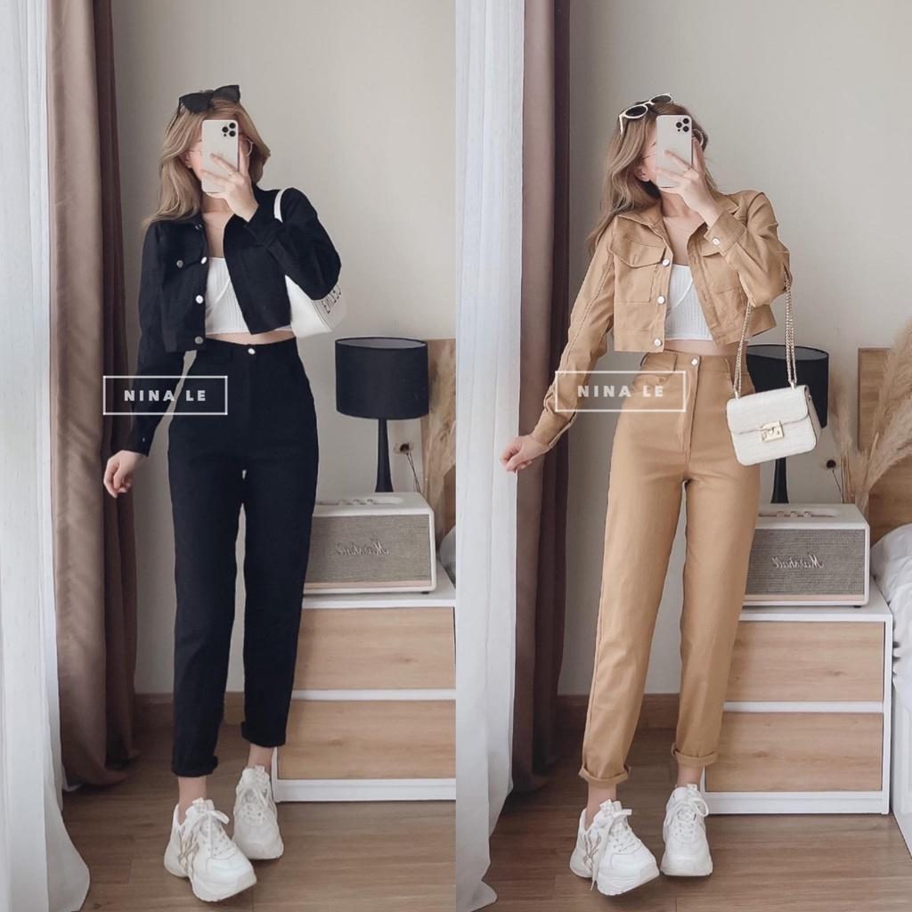 Sét bộ nữ công sở 3 món áo croptop phối áo khoác lửng dài tay kèm quần dài 2 màu sắc .