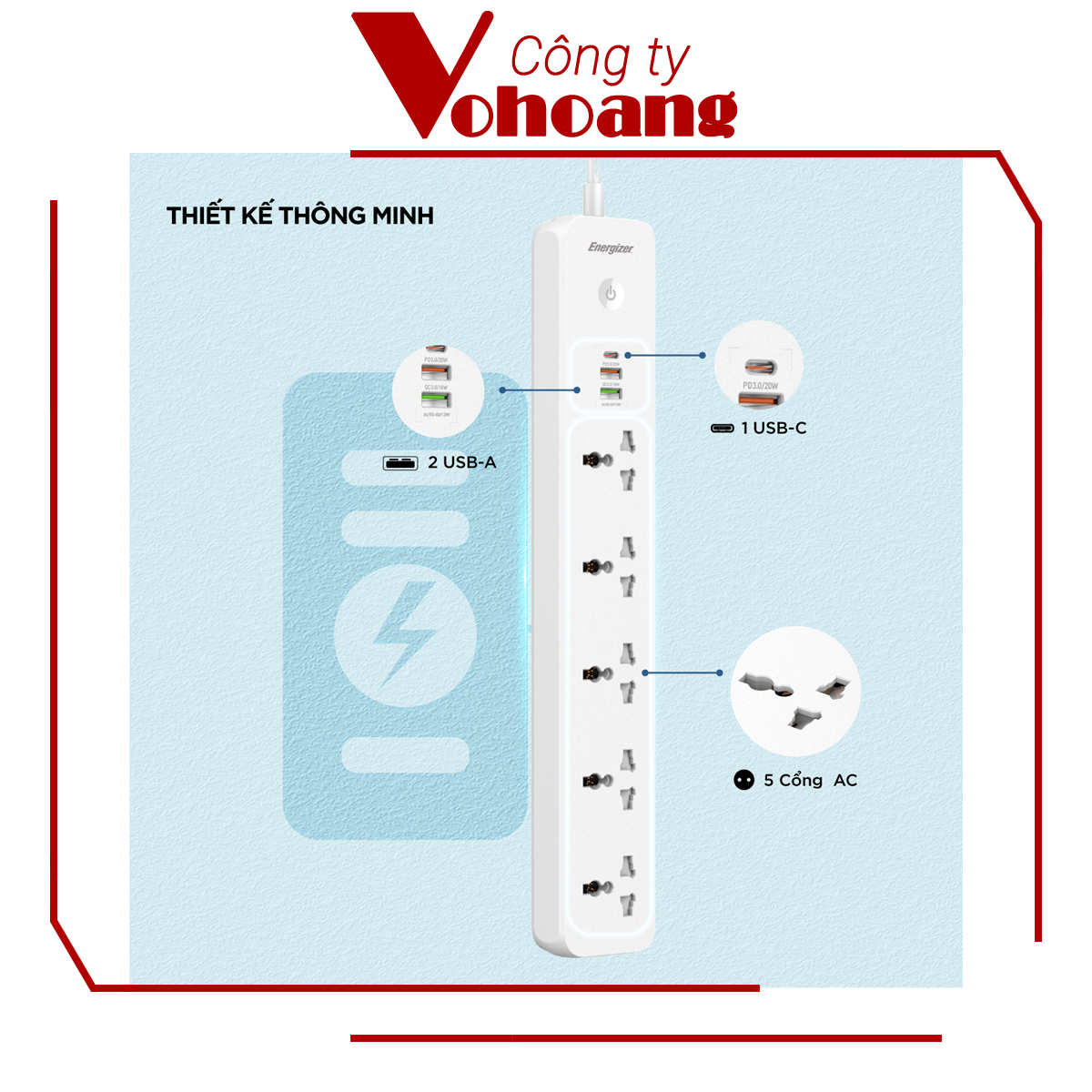 [Mỹ] Ổ cắm điện Energizer đa năng 5AC kèm 2 USB-A và 1 USB-C sạc nhanh PD (max PD 38W) - Energizer EPB2504EU