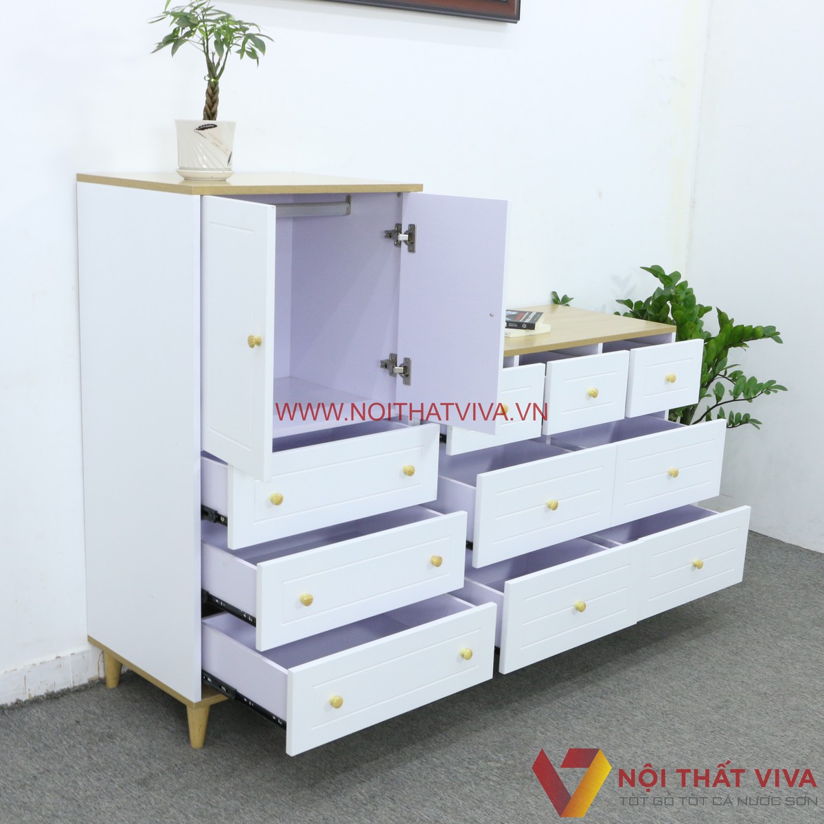 Tủ Quần Áo Trẻ Em Gỗ Công Nghiệp MDF 2 Buồng Màu Vàng Phối Trắng Gọn Đẹp