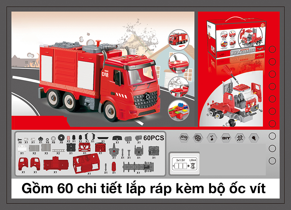 Đồ chơi lắp ráp xe cứu hỏa phun nước KAVY có nhạc và đèn, đẹp bên bỉ phát huy tính thực hành cho bé